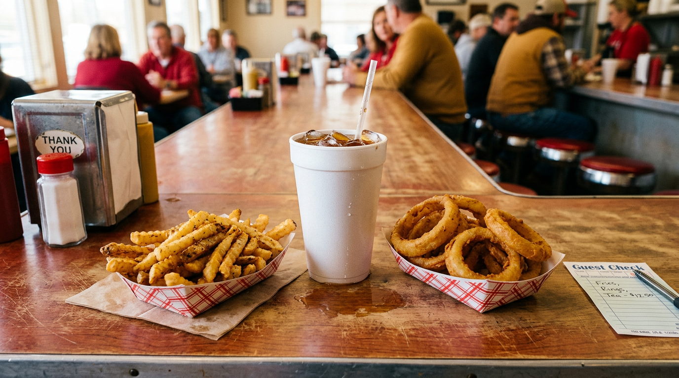 Onion rings, crinkle-cut fries, and a cup of sweet iced tea on a lunch counter.